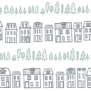 Pattern with old european houses and trees isolated on vintage background. Hand drawn sketch in doodle style. Vector image, clipart, editable details.
