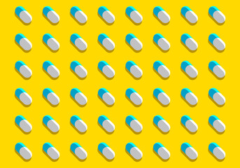 White and blue capsules neatly arranged in diagonal lines on yellow background, vector illustration. Concept for pharmaceutical industry.