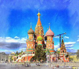 Fototapeta na wymiar View on St Basils cathedral colorful painting looks like picture