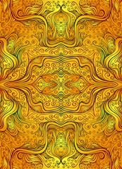 Shamanic psychedelic fractal abstract background with kaleidoscope pattern curls and waves.