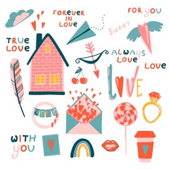 Love stickers. Signs, symbols, items and templates for planners, wedding invitations, notebooks, diaries, and Valentine's Day cards