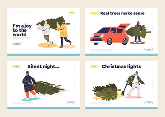 Obraz na płótnie Canvas Set of landing pages for Christmas preparations concept with cartoon characters carrying fir trees