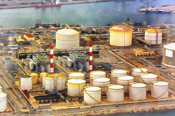 Aerial view on cargo sea hub colorful painting looks like picture