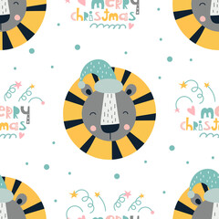 Seamless pattern for Christmas design in Scandinavian style. Christmas animals - lion. Vector illustration for packaging. Pattern is cut, no clipping mask.