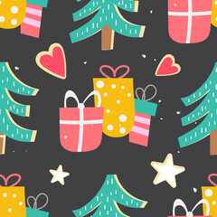 Seamless pattern for Christmas design in retro style. Christmas gift packs and presents, tree. Vector illustration for packaging. Pattern is cut, no clipping mask.