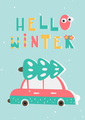 Retro Christmas greeting card design in vintage style. Car with tree on blue background. Vector illustration for winter holiday. Lettering Hello winter.