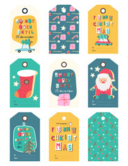 Retro Christmas and New year gift tags with hand drawn lettering, Christmas elements, Santa Claus and Xmas symbols. Vector illustration. Hang tag is great for packaging gifts.