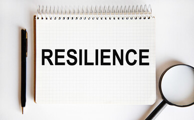 The text in the RESILIENCE notebook, next to the black pen and magnifying glass.