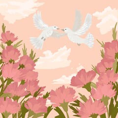 Couple of white doves kisses in the sky, a symbol of peace and love, greeting card for the wedding. Square card. Vector illustration