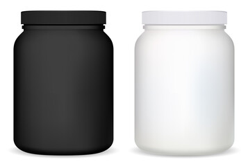 Protein jar. White plastic supplement bottle vector blank. Whey powder container, matte round mockup. Pill capsule cylinder package. Gym nutricional vitamins can. Casein canister for muscle sport
