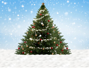 Naklejka na ściany i meble christmas tree outdoor with snow under blue sky background 3d-illustration