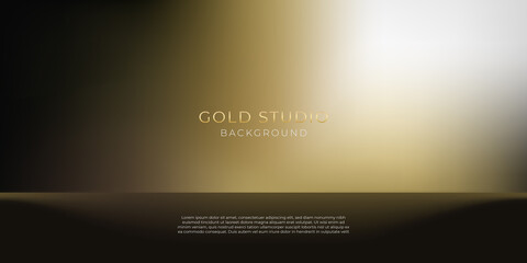 Gold black studio room abstract background with white light, rays, smokes, and shiny golden light.