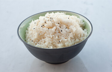 bowl of white rice with black sesame