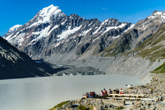Nieuw Zeeland, Mount Cook National Park  - Het einde van de Hooker Valley Track voor de Mount Cook Glacier