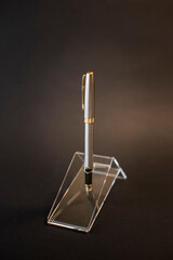 Silver fountain pen with golden details. Silver fountain pen and gold accessories on a black background. Product photography silver and gold fountain pen 1