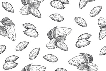 Seamless pattern with almond nuts. Line art style.