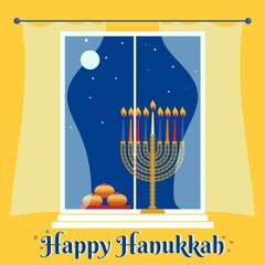 Hanukkah, Festival of Lights Jewish holiday greeting card with hanukkah traditional candelabra or menorah, candles, donuts, house window and night sky .Happy Hanukkah lettering. Vector illustration.