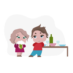 Romantic dinner at home. Young man cooked a dinner for his girlfriend, boy prepared a surprise. Happy couple. Dating time. Vector flat cartoon illustration.