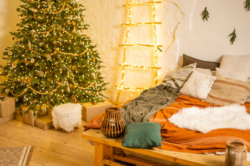 Christmas scene with tree gifts , christmas interior