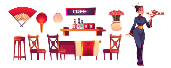 Chinese restaurant staff and stuff isolated set. Waitress in traditional costume with tray, asian cafe decor, lantern, fan, shelf with condiments, wooden table and chairs, Cartoon vector illustration