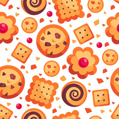 Cookies seamless pattern vector illustration different chocolate and biscuit chip cookies. Cookies sweet dessert background. Tasty food pattern.