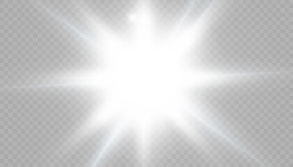 White glowing light explodes on a transparent background. Sparkling magical dust particles. Bright Star. Transparent shining sun, bright flash. Vector sparkles. To center a bright flash.