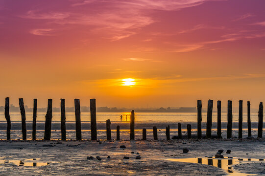 A stunning vibrant and colourful Sunset at West Wittering beach in West Sussex, England with reflections in puddles and old wooden posts with people playing in the background