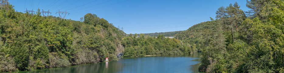 Moirans En Montagne - 09 04 2020: View of the Vouglans dam from the downstream