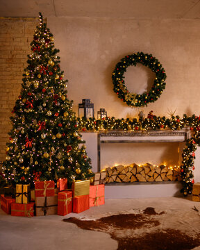 Christmas, New Year interior with red brick wall background, decorated fir tree with garlands and balls, dark drawer and deer figure