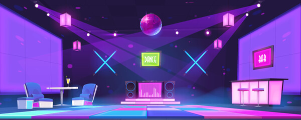 Nightclub with bar counter, tables, dj console and dance floor illuminated by disco ball and spotlights. Vector cartoon interior of night party in dance club with glowing scene and neon lamps