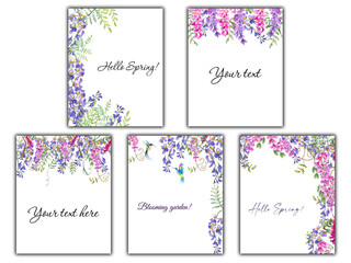 Watercolor illustration. Set of spring frames from wisteria flowers. Frames in purple and pink colors with green leaves. Templates for text.