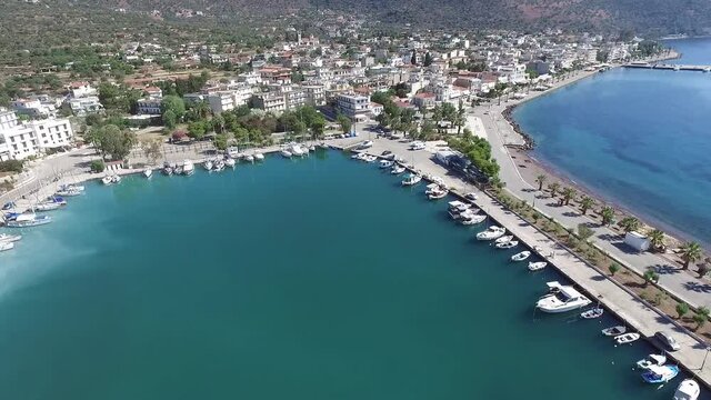 Aerial view of Methana town and its harbour, Greece