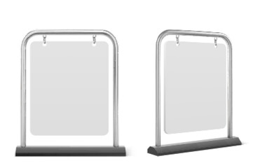 Pavement sign, white sidewalk advertising board isolated on white background. Vector realistic mockup of blank banner hanging on metal frame, outdoor signboard stand for menu, ad or announcement