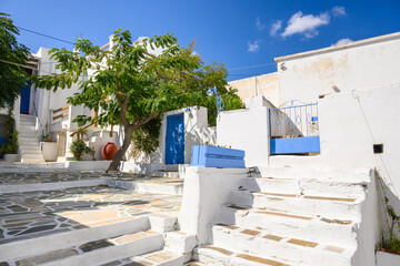 A view of whitewashed street with typical Greek architecture in Lefkes village on Paros Island, Cyclades, Greece