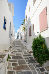 A view of whitewashed street with typical Greek architecture in Lefkes village on Paros Island, Cyclades, Greece