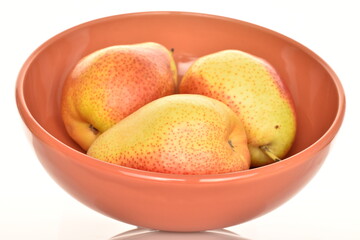 yellow-red pears, close-up, on a white background.