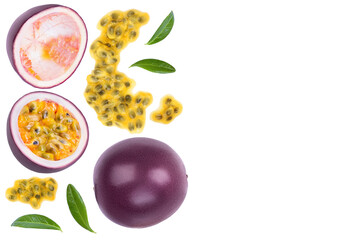 passion fruits and half isolated on white background. maracuya. Top view with copy space for your text. Flat lay