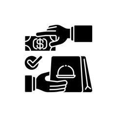 Cash on delivery black glyph icon. Advance payment. Meals, drinks delivery from local restaurants. Courier service. Ready-made dishes. Silhouette symbol on white space. Vector isolated illustration