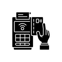 Cashless payment black glyph icon. Paying online. Collecting cash from customers. Financial transactions. Delivery-only restaurant. Silhouette symbol on white space. Vector isolated illustration