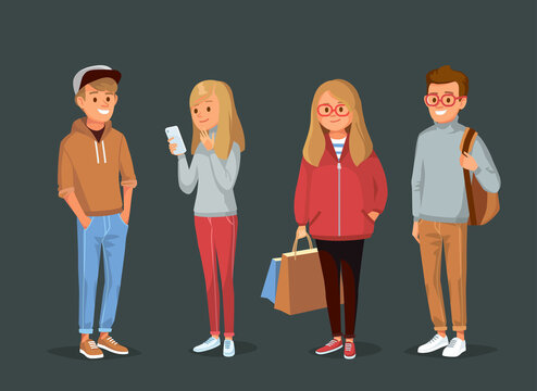 Group Of Four Young People University Fellow Students Classmates Learners Standing Together. Young Woman Girl Lady With Shopping Bags. Young Man Boy Guy With Backpack. Vector Illustration.Flat Design.