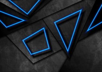 Black grunge and blue neon polygonal abstract background. Geometric vector design