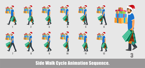 Fototapeta na wymiar Christmas Santa Claus Walk Cycle Animation, Loopable Walk cycle anmamtion of Business Santa Claus, Santa Claus Walking With gifts animation sequence for animation, looping walk cycle animation frames