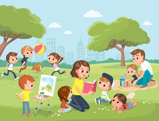Obraz na płótnie Canvas Parents with kids at the park. Mum reading book to children. Boy drawing the watercolor. Teacher reading book to children. Daddy playing with daughter.