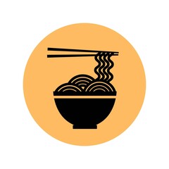 Black silhouette icon with ramen noodle, bowl and pair of chopsticks. Vector illustration in flat style on white background