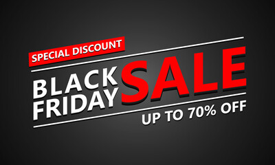 Fototapeta na wymiar Black Friday Sale. Special offer banner, discount up to 70% off. Banner for business, promotion and advertising. Vector illustration.