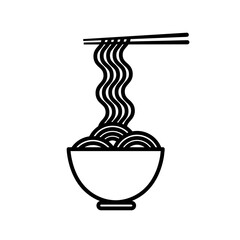 Outline icon with ramen noodle, bowl and pair of chopsticks. Vector illustration in flat style on white background