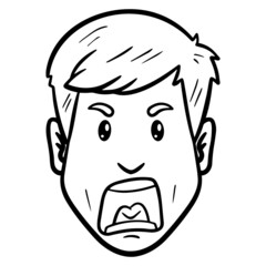 evil screaming man head. outline, comic, monochrome, open mouth.