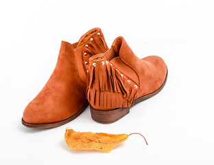 brown female leather half boots isolated on white background