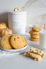 Home made cookies with chocolate drops, on white background
