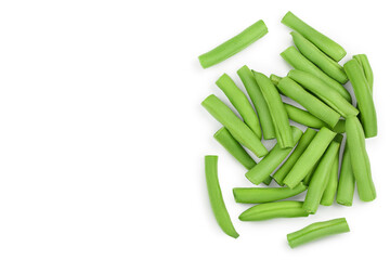 Green beans isolated on a white background with clipping path, Top view with copy space for your text. Flat lay